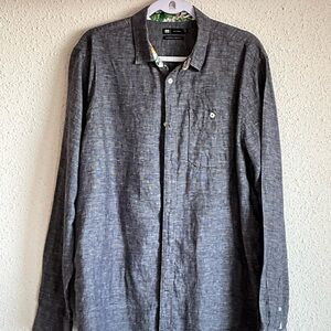 Dark grey 100% linen button down with floral trim.